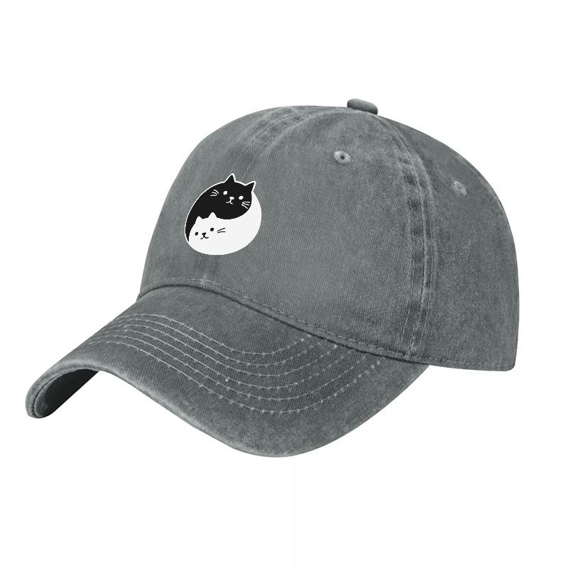 Yin Yang Cat Design Washed Canvas Baseball Cap Unisex Adjustable Hat for Unisex and Women Casual Streetwear Style Fashion Accessory