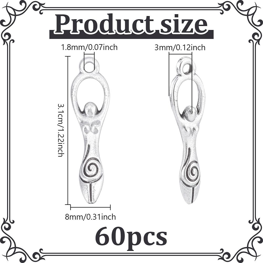 60Pcs Tibetan Style Alloy Pendants Spiral Goddess Antique Silver 31x8x3mm Hole: 1.8mm