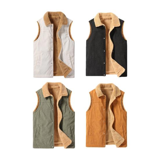 Men Winter Waistcoat Velvet Lining Corduroy Vest Coat Lapel Sleeveless Single-Breasted Thickened Vest with Pockets