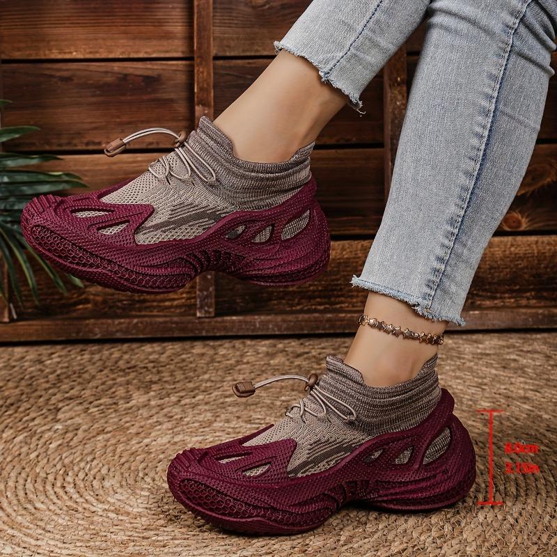 Women's Slip-Resistant Knit Sneakers - Slip-Resistant Arch Support & Cushioned Insole, Low-Top Sneakers with Thick Rubber Sole, All-Season Casual