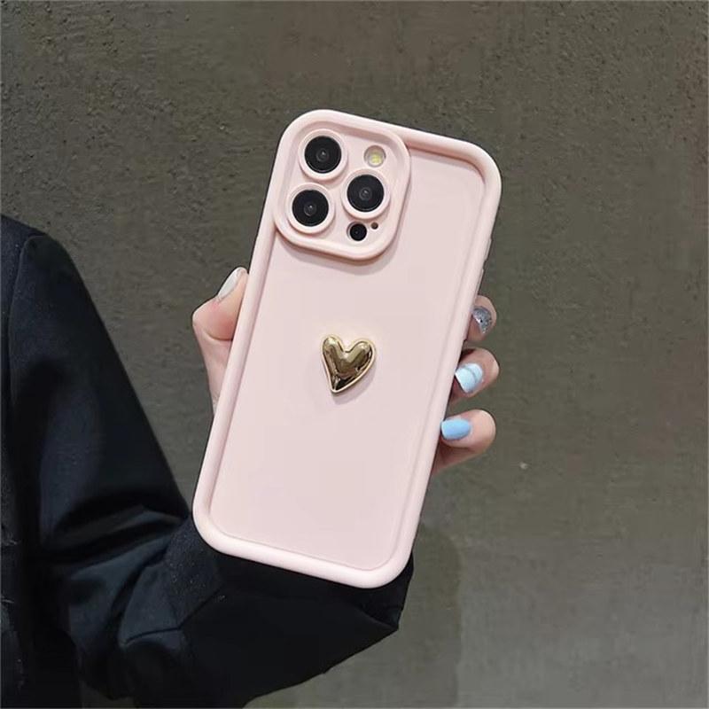 

3D Золоте Серце Силіконовий М який Чохол для Телефону для IPhone 15 14 13 12 11 16 Pro Max XS XR 7 8 Plus SE 2020 Ударостійкий Цукерковий Матовий Чохол iPhone 11 рожевий