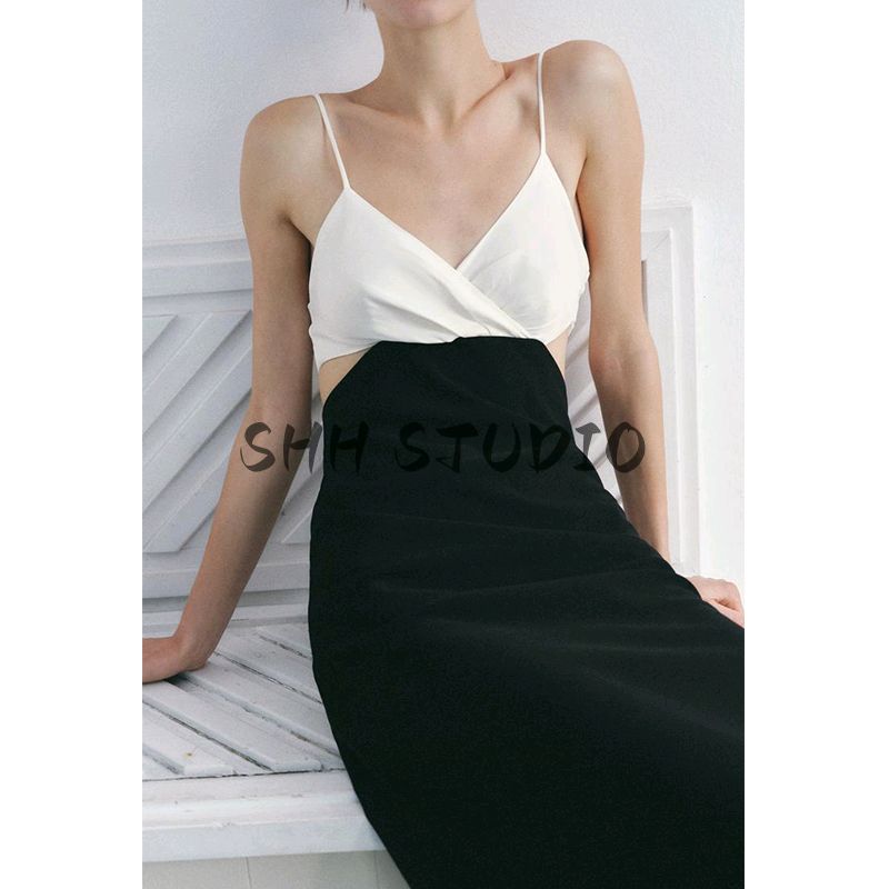 Spring New Women's Clothing French Style Silm V Neck Sleeveless Opening Design Patchwork Midi Skirt Dress 5029064