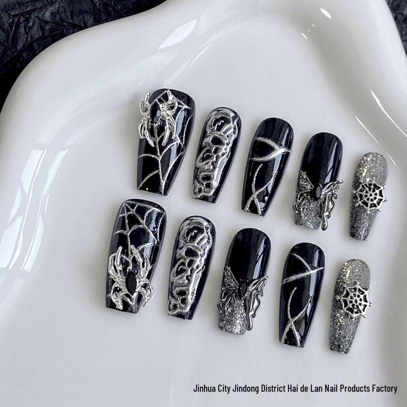 Handmade High-End Gothic Punk Dark Nail Art with Retro Butterfly Detachable Design