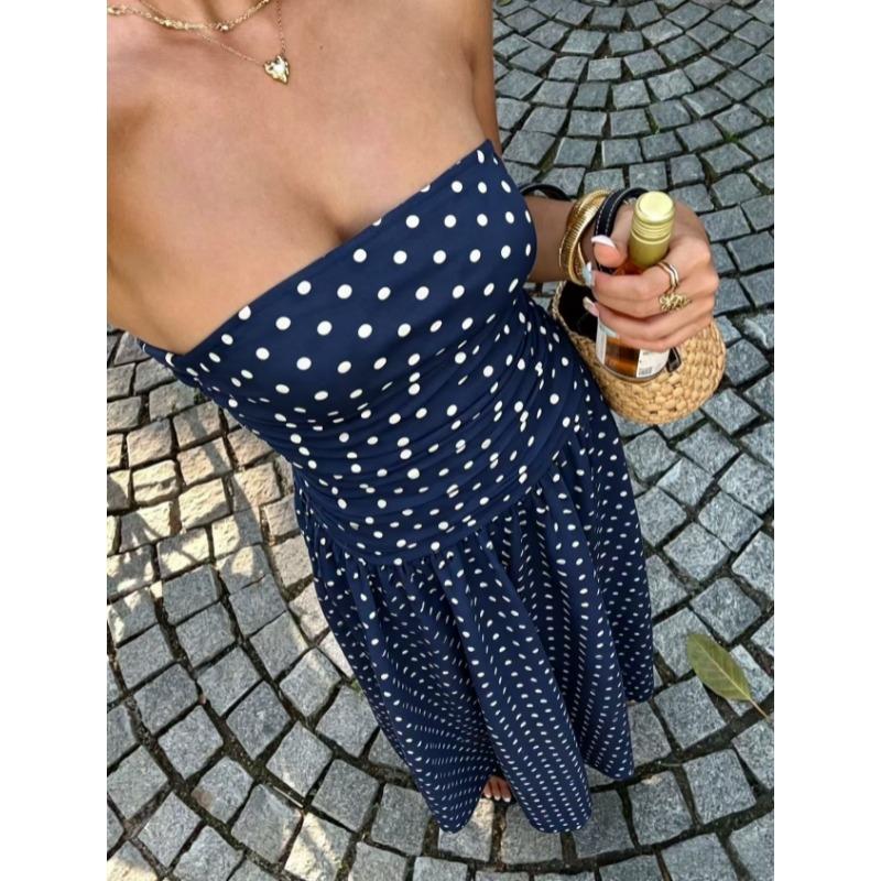 2026 Summer Off Shoulder Polka Dot Dress New Sexy Elegant Strapless Waist-cinching Slim Fit A-line Party Evening Dress Sweet Pleat Fashion Clothing