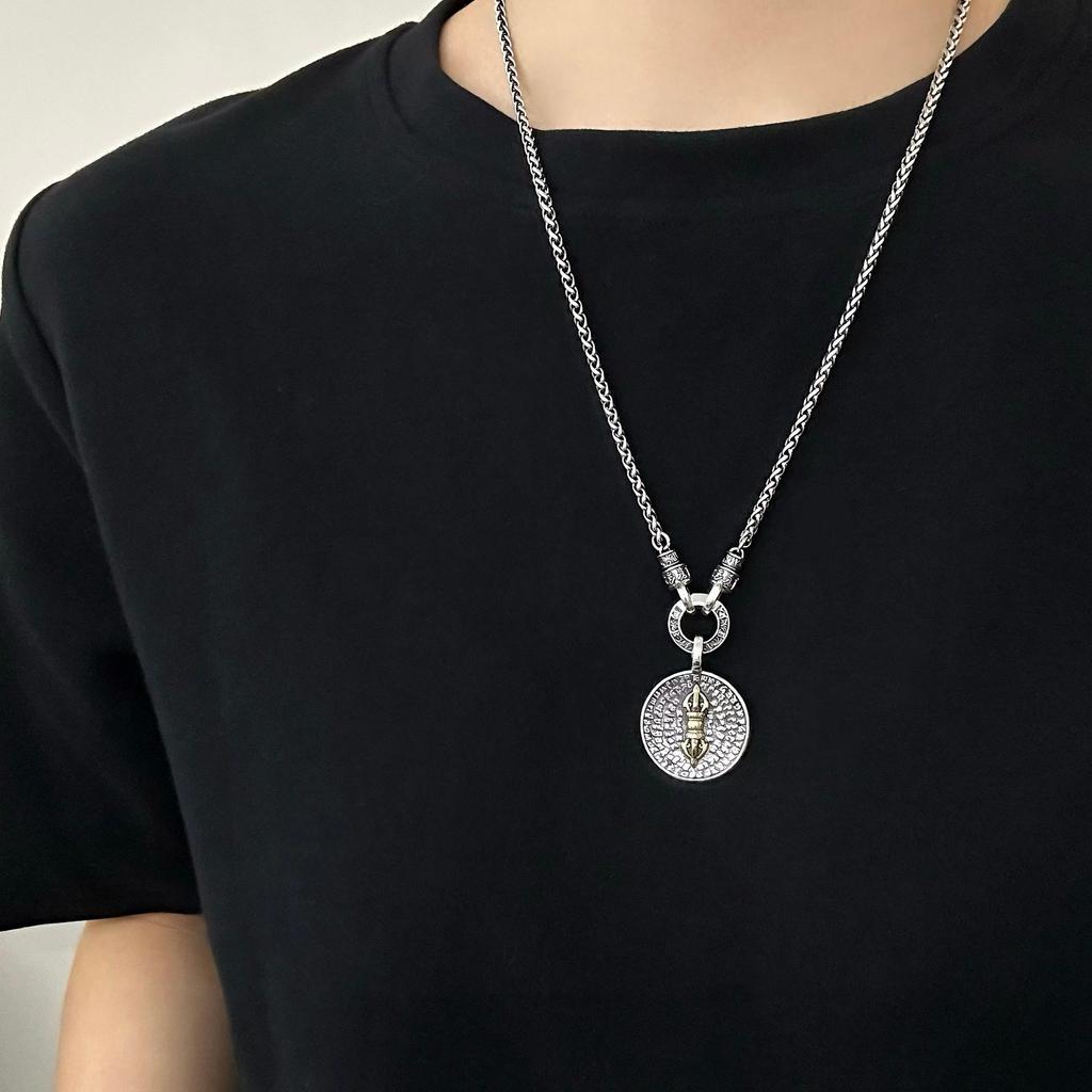 Přívěsek S925 Sterlingové stříbro Vajra Sanskrtský kulatý - Retro Buddhistický etnický styl Těžký náhrdelník