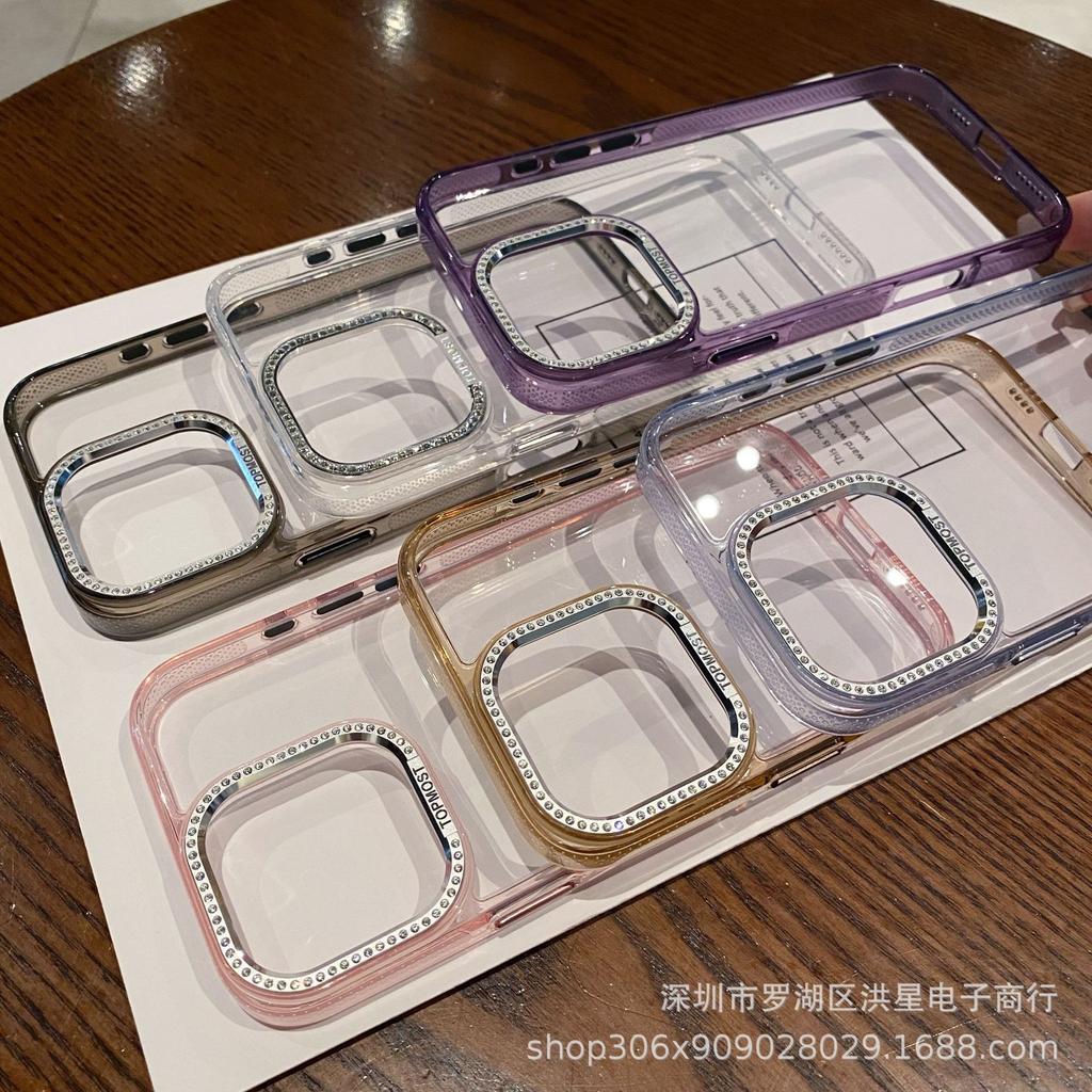 Diamond frame acrylic for iPhone16ProMax mobile phone case large hole Apple 15 transparent anti-drop protective case