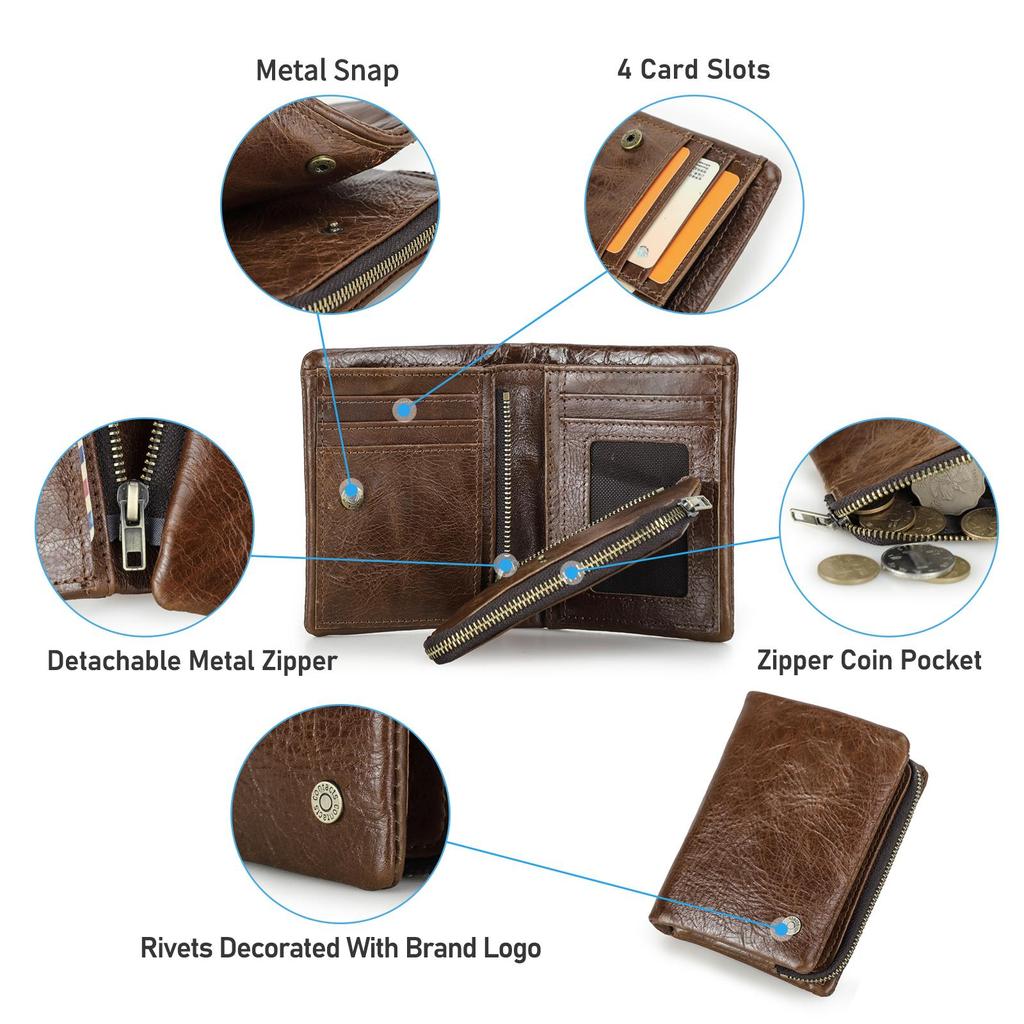 Men Genuine Leather Bifold Short Wallet RFID Blocking Zipper Coin Pocket