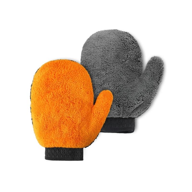 Two-Sided Corals Fleece Car Wash Gloves, Pair of Hand Cleaning Mitts with Orange and Gray Sides for Vehicle Washing and Kitchen Counter Wiping