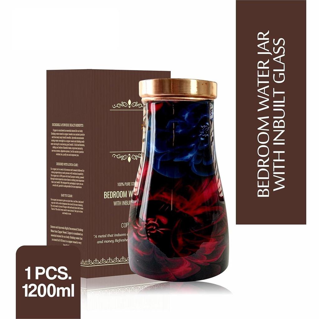 Copper Bedroom Jar with Inbuilt Glass | Red & Blue Design | Handcrafted, Leakproof, Jointless | Ayurvedic Benefits, Antioxidant Properties | 1200 ml