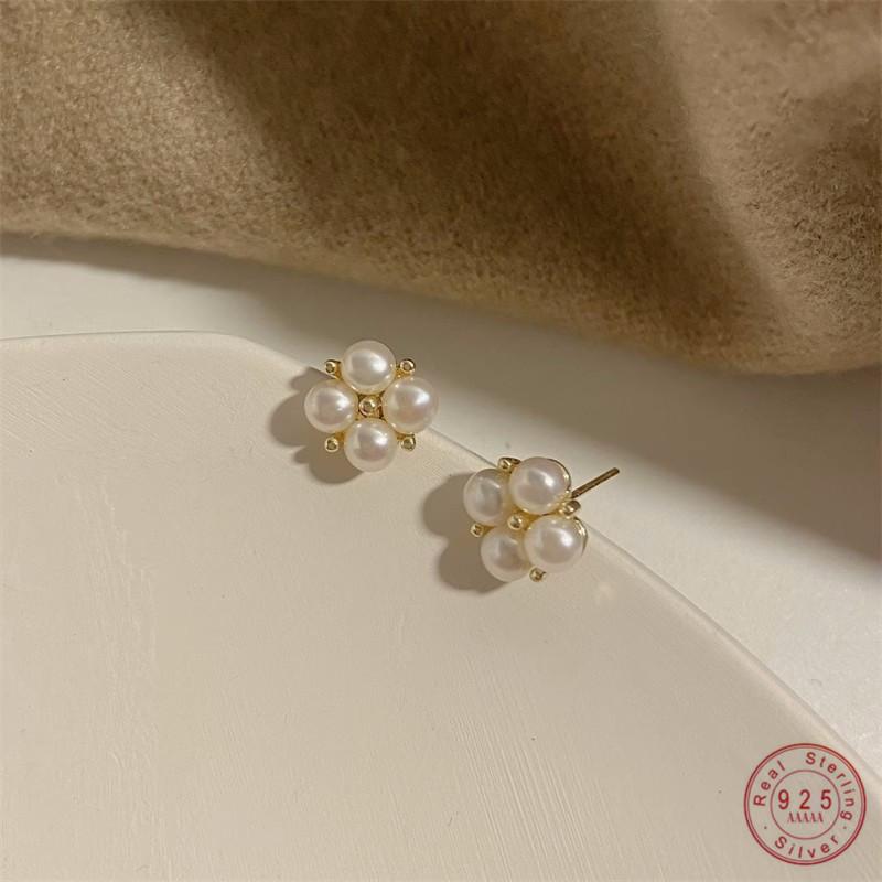 

925 Sterling Silver Four pearls Earring for Women French Temperament Exquisite Wedding Party Jewelry Accessories Gold