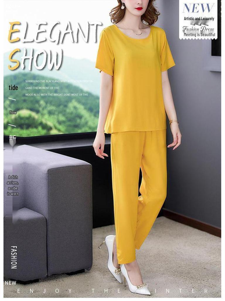 Damen Baumwollseide Zweiteiler: Sommer-Oberteil mit kurzen Ärmeln & Lange Hose, Große Größen, Modisch & Locker geschnitten.