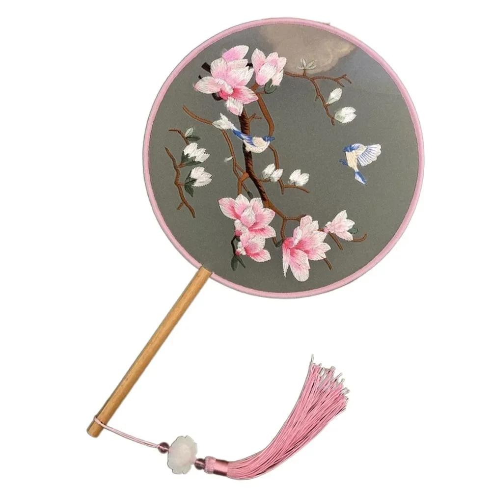 Round Double Sided Embroidery Fan Chinese Style Wooden Handle Embroidery Round Fan Tassels with Pendant Hanfu Hand Fan