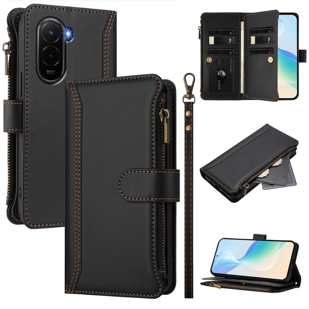 For Xiaomi Poco M7 Plus 5G/M7 4G (169mm) Leather Case 9 Card Slots Zipper Wallet Stand Phone Cover with Wrist Strap