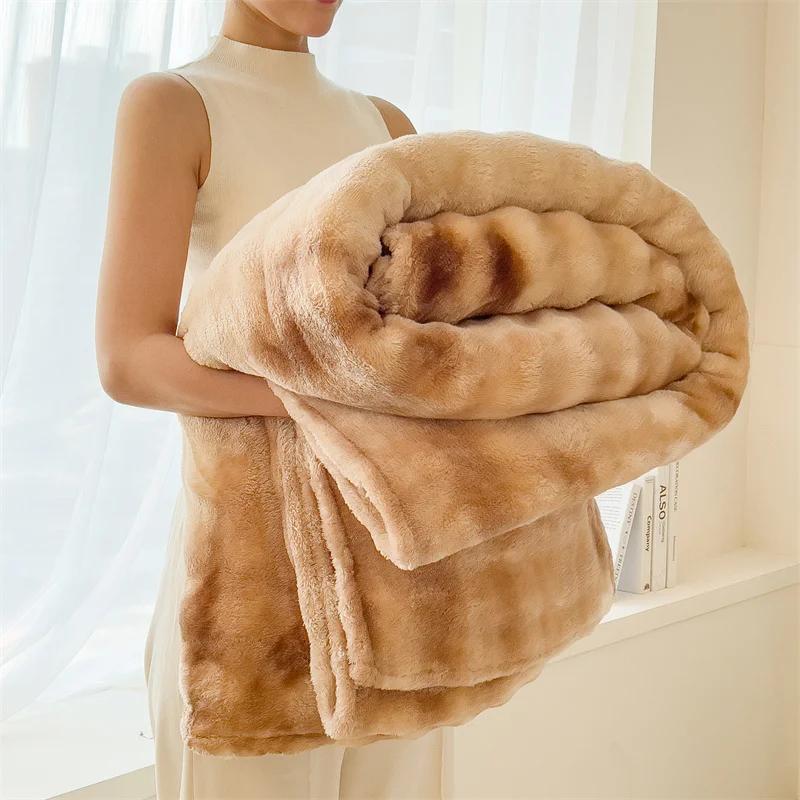 Luxury Faux Rabbit Fur Throw Blanket Winter Warm Soft Cozy Fluffy Home Decorative Tie-dye Bed Blankets Couch Sofa Furry Blanket