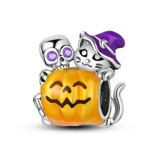 Authentic Original Copper Metal Halloween Perfect Gift Black Cat Spider Skull Pumpkin Ghost Bead Components Charm Bead Components Designed For Pan
