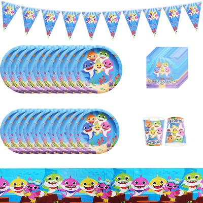 52pcs Baby Shark Tableware Set Includes Tablecloth Pennant Plates Cups Napkins
