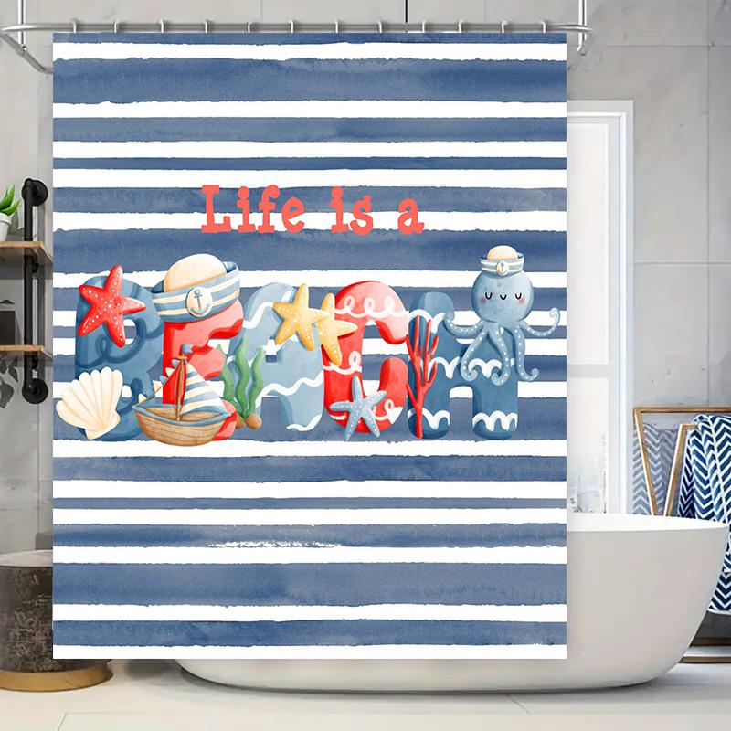 

Blue And White Striped Waterproof Shower Curtain With Cute Sea Animal Designs For Home Bathroom Decor Waterproof Fabric Made In W60H190(CM)-1 Pcs