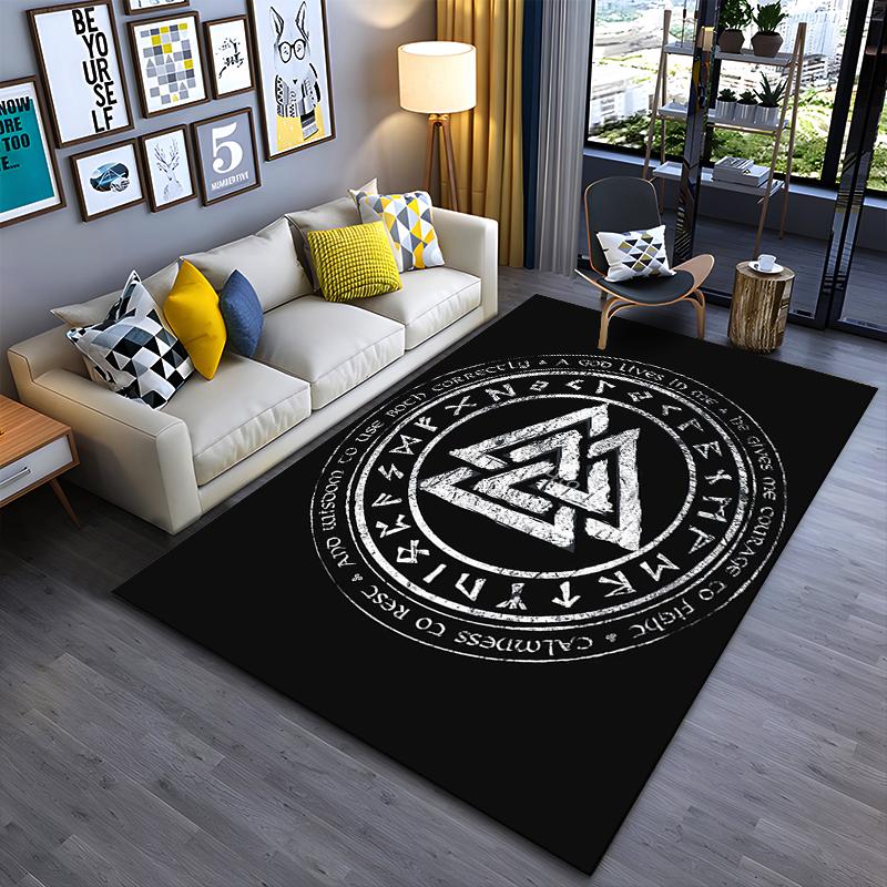 Area Rug, Viking Valknut Distressed White Black Rune Circle Warrior Poster, Living Room Decor, Non-Slip Mat