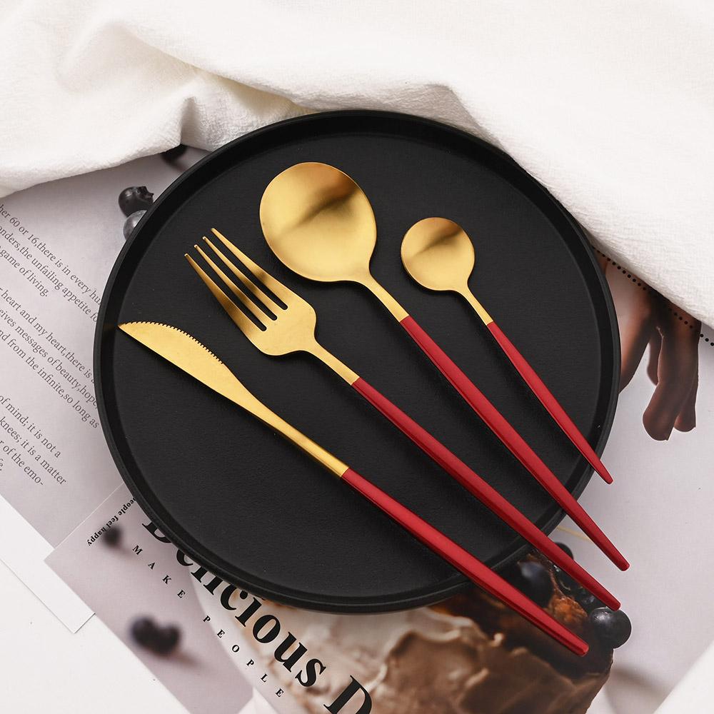 Set 16 Bucăți Veselă Set Tacâmuri Roșu Auriu Set Tacâmuri Furculiță Cuțit Linguriță Cină Argintărie Bucătărie Set Tacâmuri