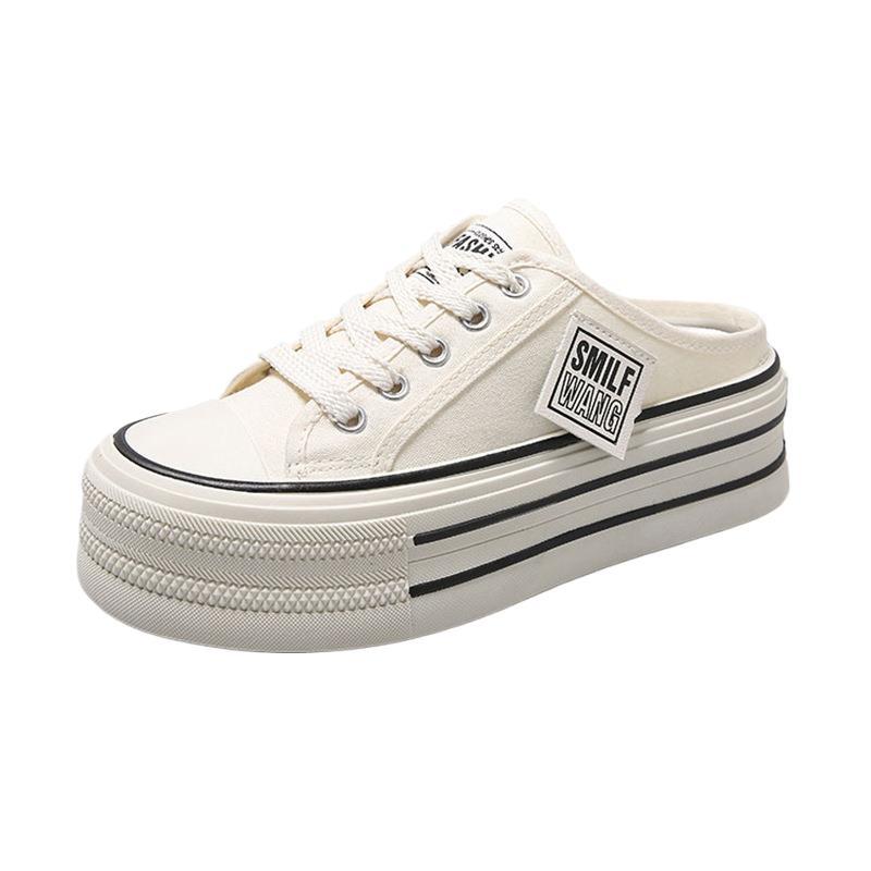 Baotou canvas half slippers women's new 2025 summer wear thick bottom heightening casual lace-up small white cool slippers