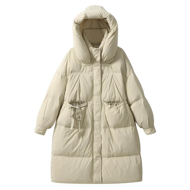 Dlouhá bílá péřová bunda dámská 2025 zima nová móda s kapucí volný velký silueta šněrovací teplá bunda