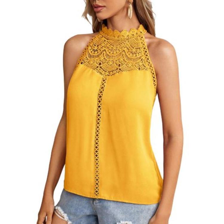 Neckholder Weste Damen Lässige Tops Einfarbige Spitze Dekoration Durchbrochene Spitze Stickerei