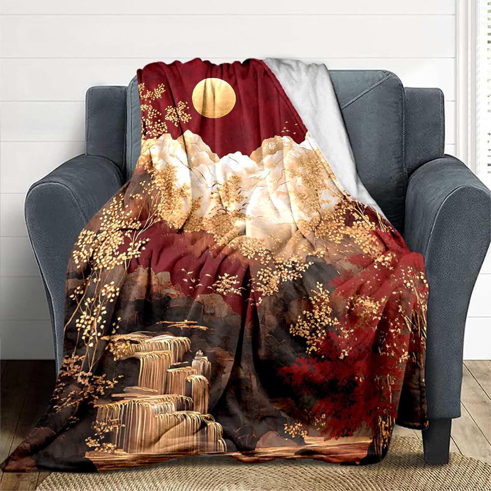 1pc Chinese Style Landscape Blanket, Lightweight Flannel Throw Blanket for Sofa, Bed, Travel, Camping, Living Room, Office, Couch040