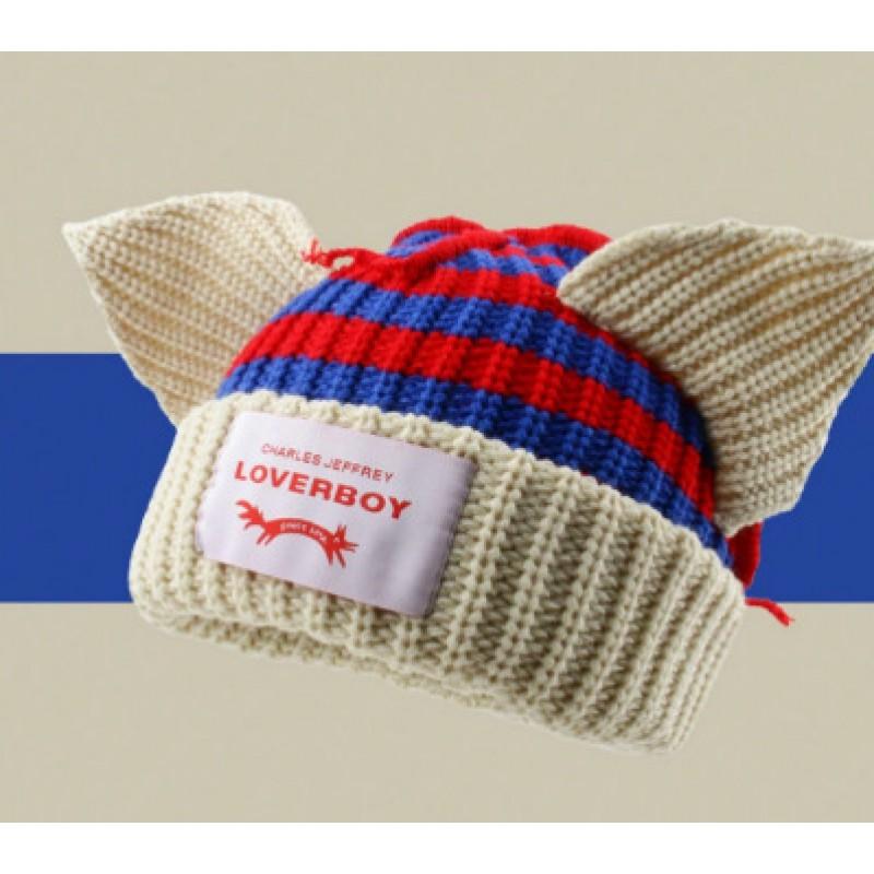 Damen Gestrickte Mütze mit Ohrenklappen und Streifen Niedliche Katze Ohrenschützer Mütze Winterlich Warm Weich Pullover Mütze