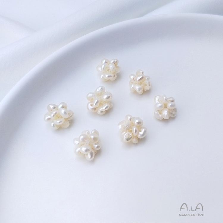 Hand-Woven Natural Freshwater Pearl Flower Ball Earrings and Beads