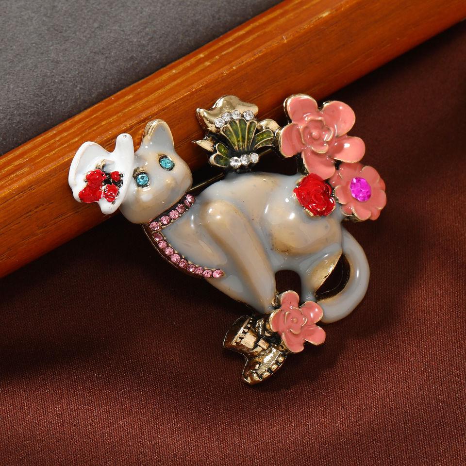 Vintage Women Men Fashion Enamel Cat Flower Badges Brooch Retro Classic Design Drip Oil Crystal Pins Accessories For Lady