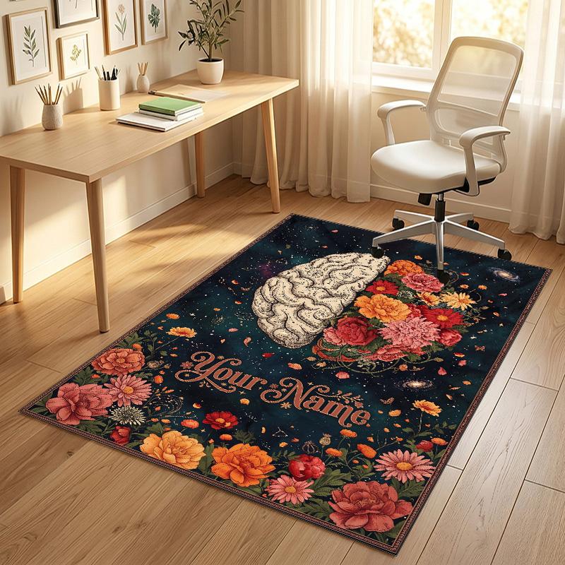 Floral Brain Cosmic Theme Soft Crystal Velvet Rug Custom Name & Text Print Non Slip Floor Rug for Bedroom Living Room