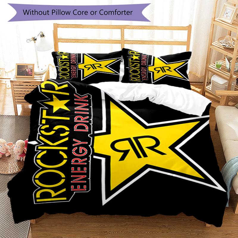 3pcs Rockstar logo pattern bedding set duvet cover set includes duvet cover &pillowcases, perfect all season bedroom decoration & gift