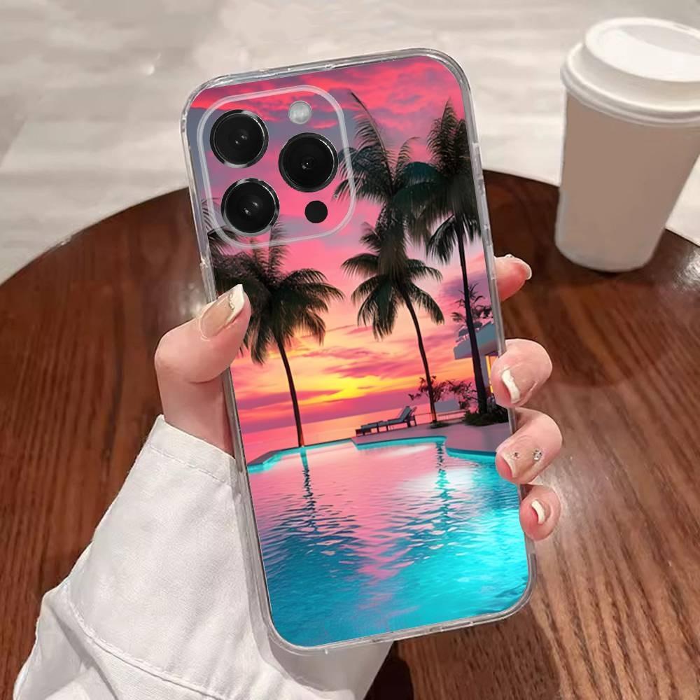 Sea Tropical Palm Trees Beach Phone Case For iPhone 17,16,15,14,13,12,11 Plus,Pro,Max,XR,XS,Plus,E,SE4,Mini Transparent Cover