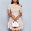 Women Off Shoulder Casual Dress Puff Sleeve Ruched Waist Double Layer Ruffle Hem Short Skirt Design for Summer Outfits