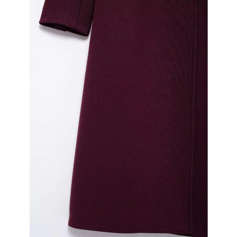 Women Fashion Burgundy Coat Double Breasted Long Sleeve Lapel Blends Jacket High Street Outerwear