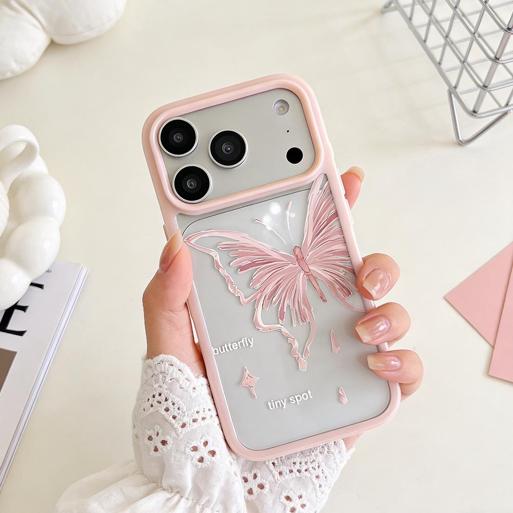 English Pink Butterfly Apple 17 ProMax Anti-Fall iPhone 16/15 Transparent Protective Case iPhone 17 Pro Max