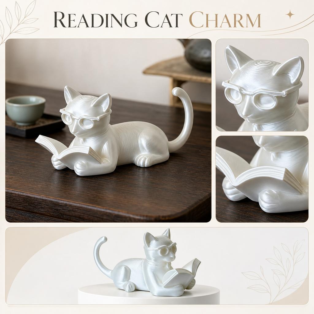 3D Printed Cat Figurine Reading Book Sculpture Modern Decorative Ornament Creative Design for Home Office Desk Decoration and Gift Idea