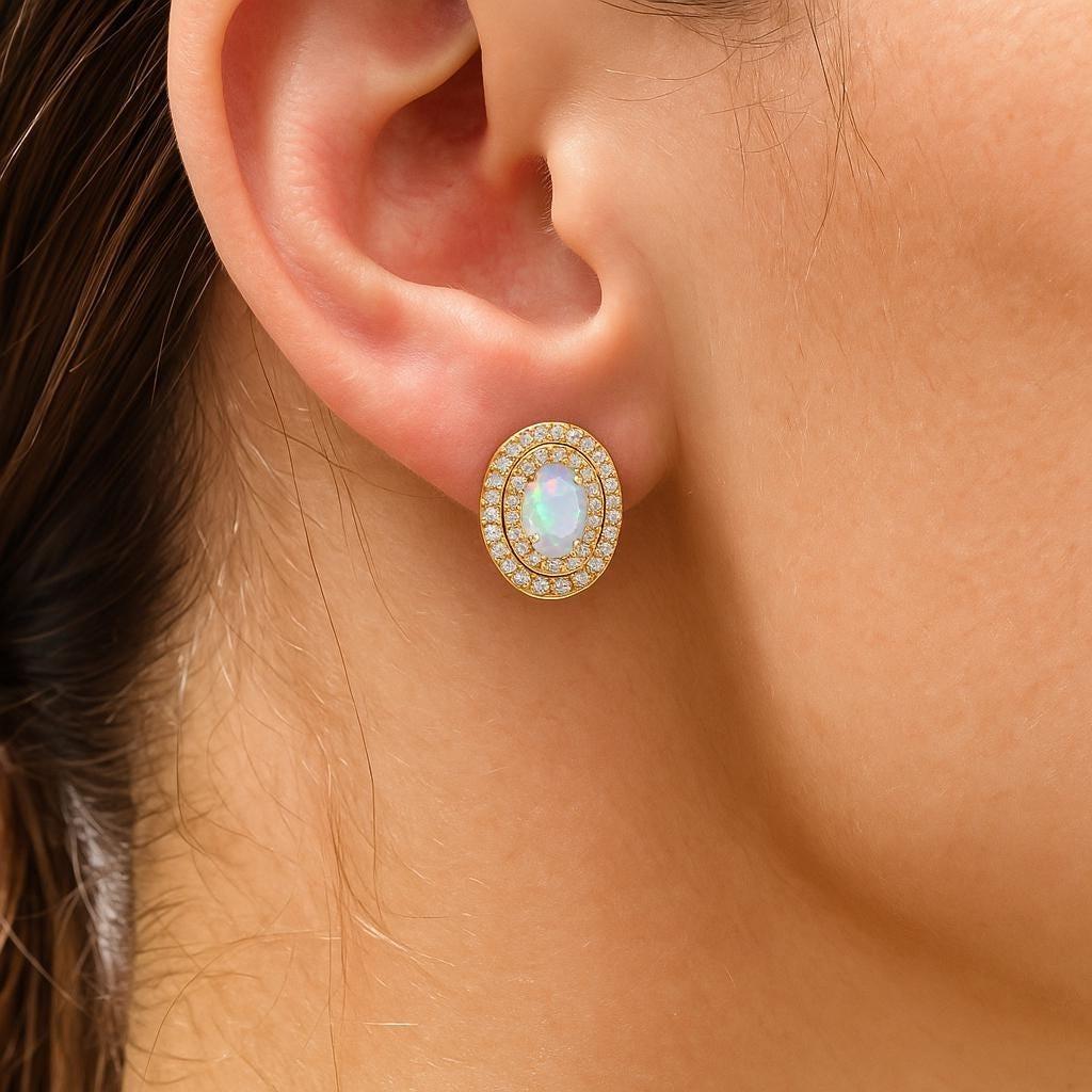 Natural White Opal Gemstone Halo Style Stud Earring, AAA Multifire Opal Gemstone Stud Earring, October Birthstone Earrings, Handmade Gift