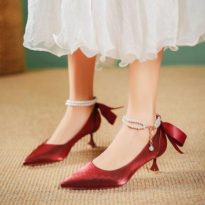 Red Wedding Shoes Bow Pointed High Heels Thin Heel Mary Jane Shoes Spring and Autumn Pearl Medium Heel Shoes