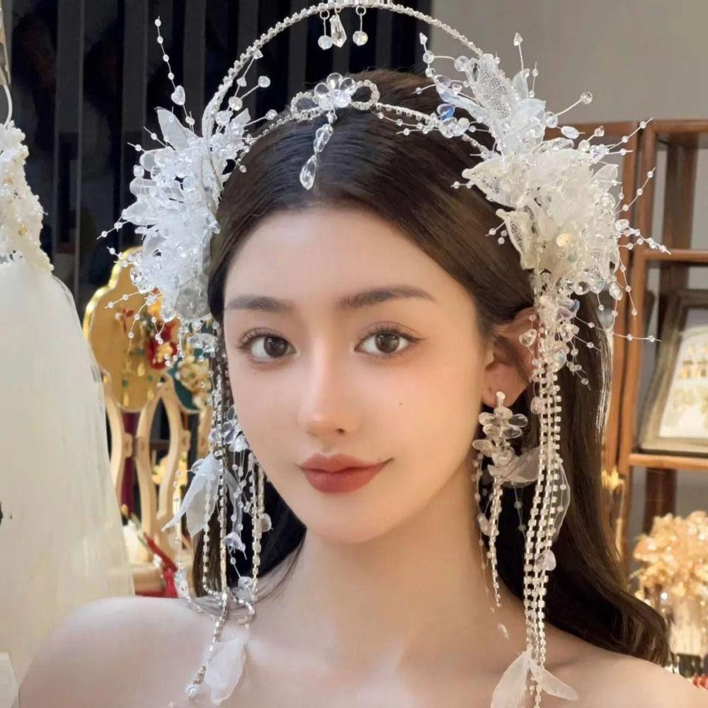 Shining Crystal Hair Hoop Flowers Fringed Bridal Headdress Fashion Head Chain  Wedding Jewelry Set