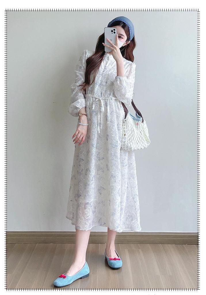 Hepburn Style Butterfly Jacquard Maternity Dress - High Quality, Long Sleeve, Early Spring 2026 Collection