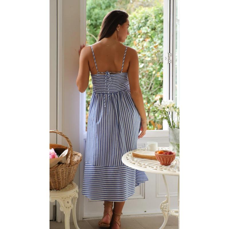 VEZFAA Women's Fashion Summer Spring Stripe Print Sleeveless Suspenders High Waist Casual Dresses
