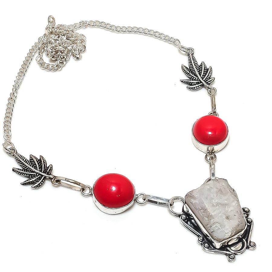 Natural Moonstone Rough, Coral 925 Sterling Silver Jewelry Necklace 18" Q0g54