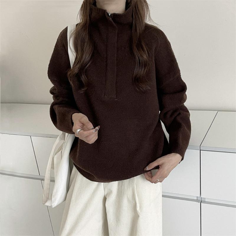Design sense stand collar half zipper sweater women's autumn and winter new loose thick simple pullover knitted sweater top
