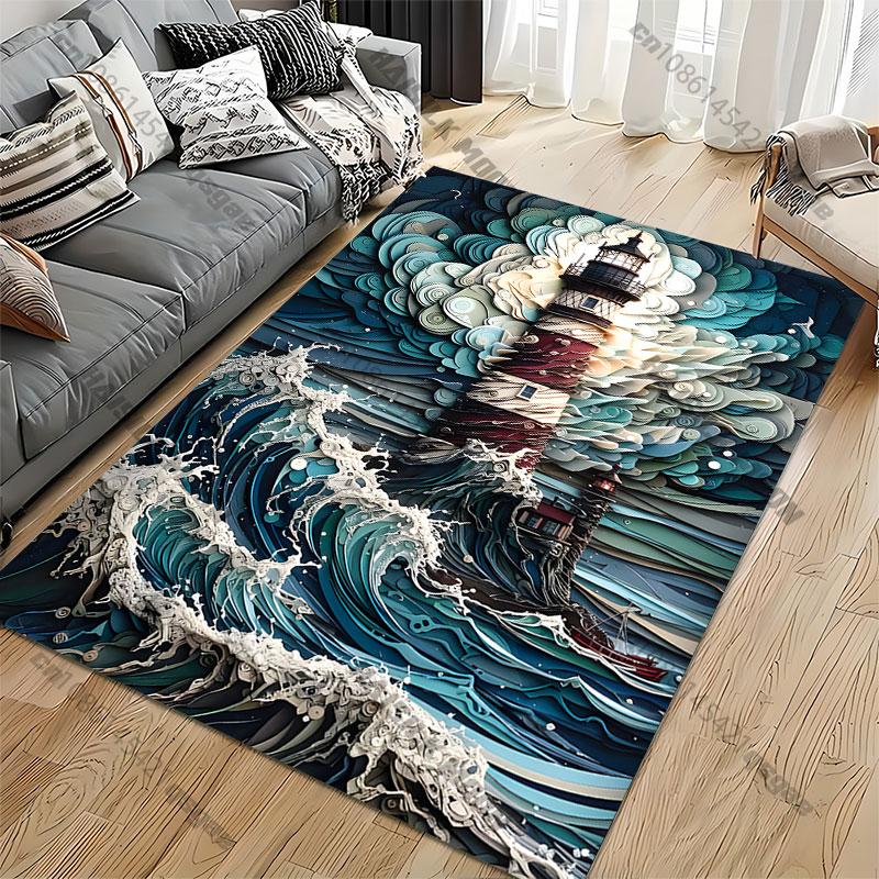 Lighthouse storm waves swirling sky carpet Yoga living room room decor children's crawling mat doormat area rug games mat