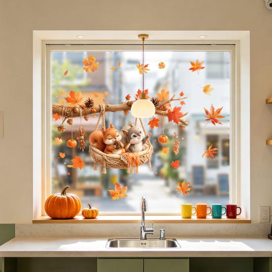 Pumpkin Window Art 2Pcs Fall Maple Leaves Animals Static Stickers, Autumn Squirrel/Hedgehog/Rabbit/Raccoon Glass Waterproof Decals PVC Clings for Home