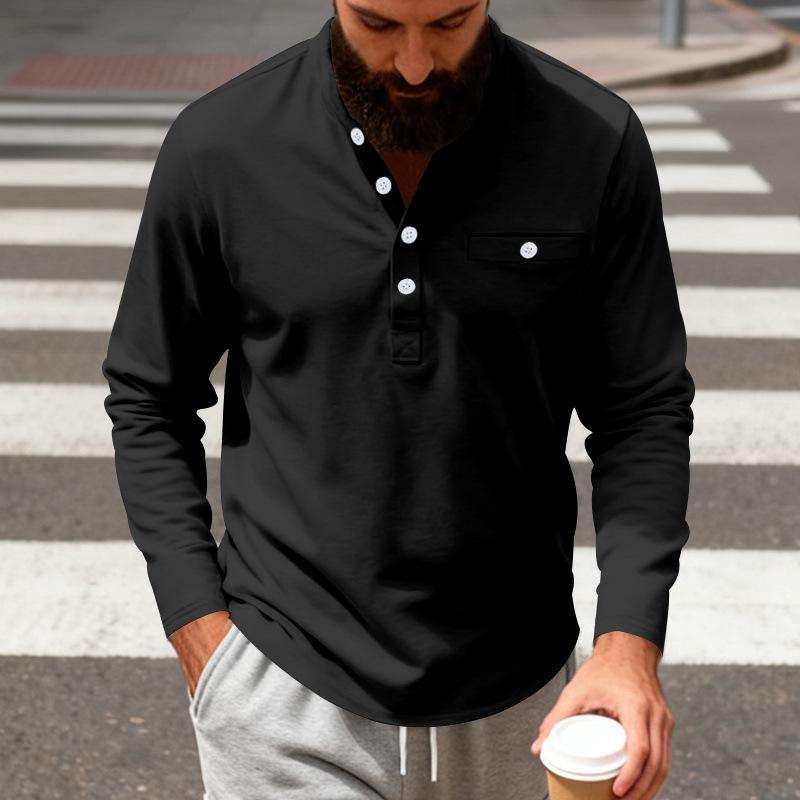 Men's Henley Long Sleeve Shirt Stand Collar Button Pocket Casual Top Multi-Color