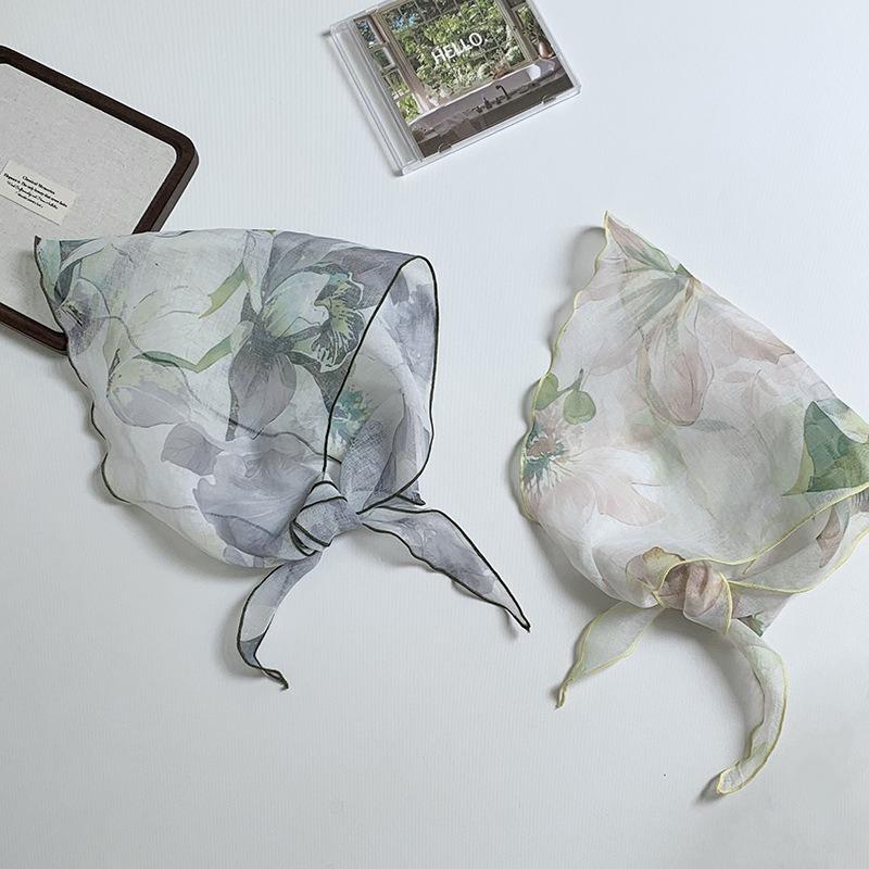 Cotton and Linen Triangle Scarf Headscarf Women's New Ink-dyed Flower New Versatile Literary Decorative Scarf Headband