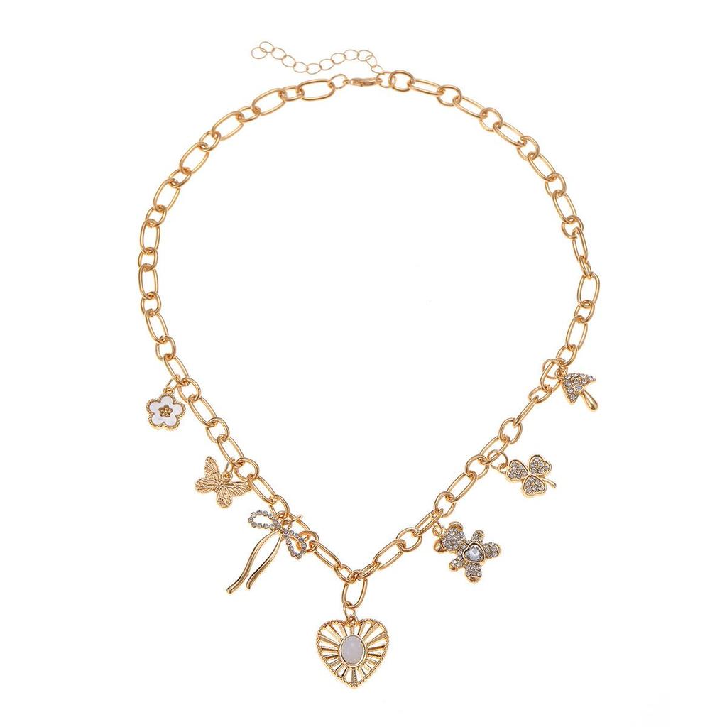 Retro Heart Teddy Bear Pendant Necklace with Bowknot & Flower - Sweet and Spicy Girl Style Clavicle Necklace for Women