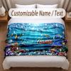 Fish Ocean Theme Soft Blanket Personalized Custom Name Text Print Warm Blanket Home Sofa Bedroom Decor
